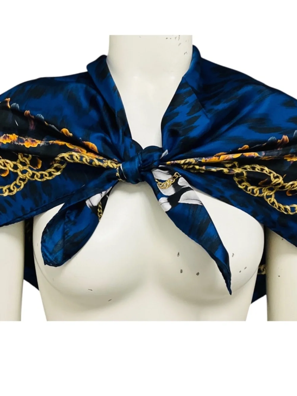 VERSACE BLUE / GOLD MULTI LEOPARD, FEATHER, AND MEDUSA MEDALLION CHAIN PRINT SQU
